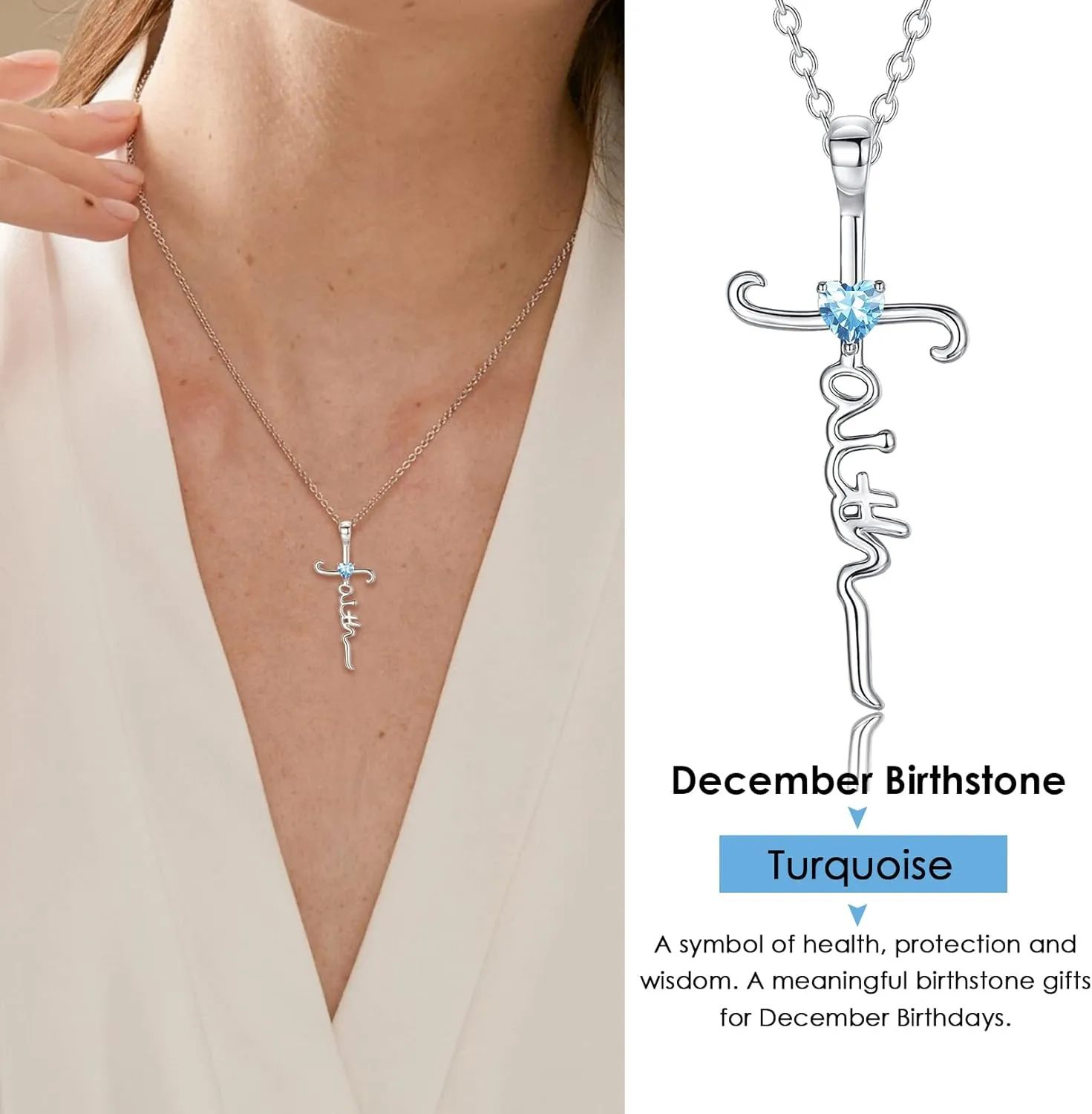 Silver Cross Necklace for Women, Sterling Silver Chain Birthstone Faith Cross Pendant Necklaces Christmas Christian Religious Birthday Gifts for Her, with Gifts Box