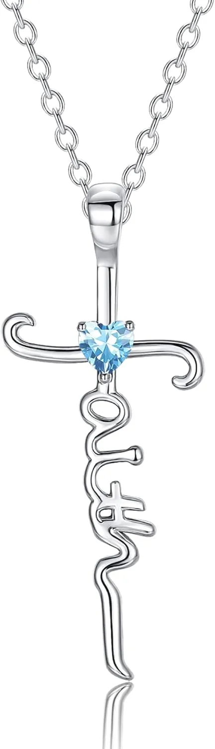 Silver Cross Necklace for Women, Sterling Silver Chain Birthstone Faith Cross Pendant Necklaces Christmas Christian Religious Birthday Gifts for Her, with Gifts Box