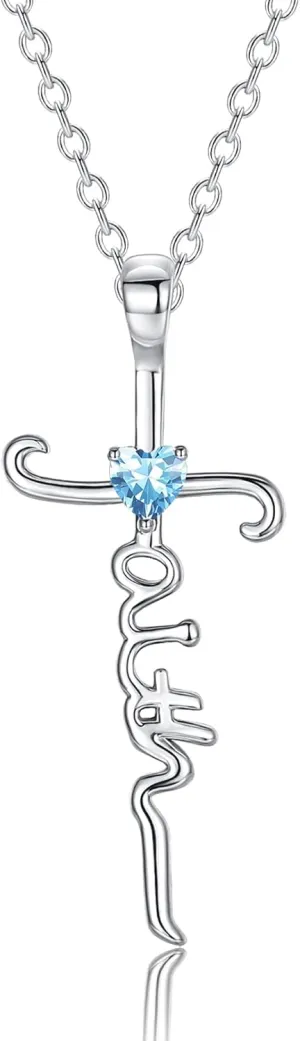 Silver Cross Necklace for Women, Sterling Silver Chain Birthstone Faith Cross Pendant Necklaces Christmas Christian Religious Birthday Gifts for Her, with Gifts Box