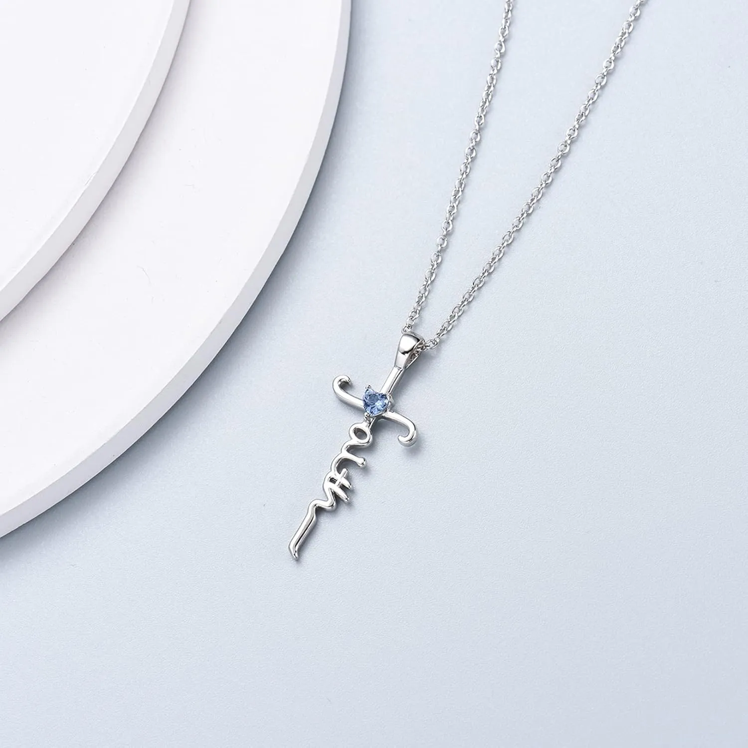 Silver Cross Necklace for Women, Sterling Silver Chain Birthstone Faith Cross Pendant Necklaces Christmas Christian Religious Birthday Gifts for Her, with Gifts Box