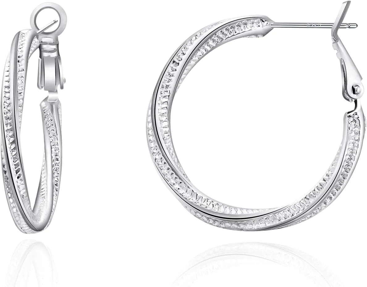 Silver Hoop Earrings-925 Sterling Silver Twisted Hoop Earrings Lightweight Hypoallergenic Thick Hoop Earrings for Women Trendy