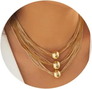 Simple Multi Layered Big Beads Choker Necklaces Punk Big Ball Clavicle Chain Necklace Jewelry Statement Collar Body Chain Necklace for Women (Tassel-gold)