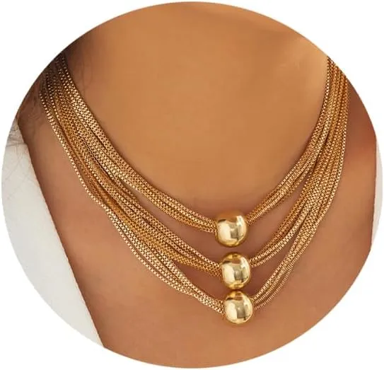 Simple Multi Layered Big Beads Choker Necklaces Punk Big Ball Clavicle Chain Necklace Jewelry Statement Collar Body Chain Necklace for Women (Tassel-gold)