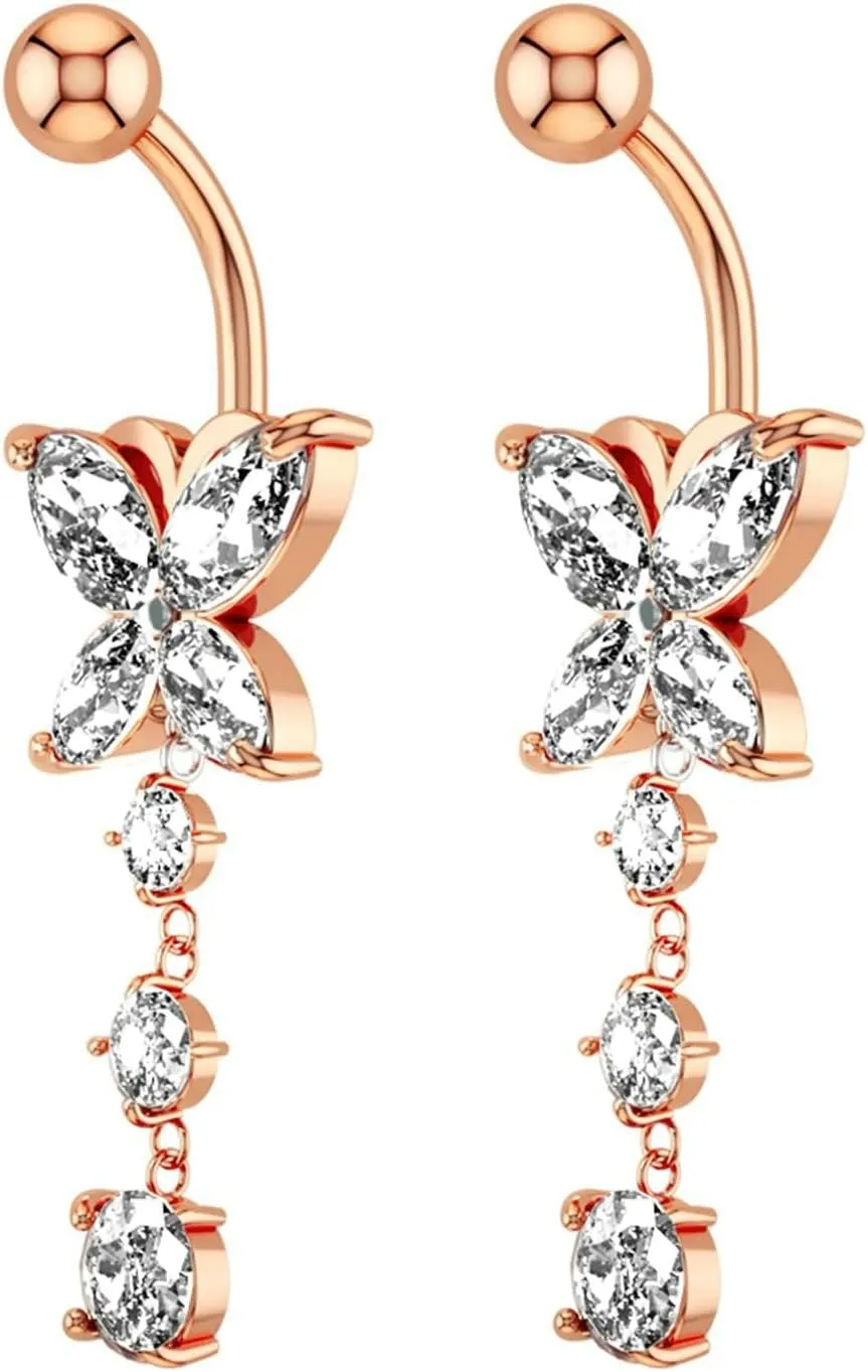 Simple Surgical Steel Belly Button Rings, 2pcs Dangle Navel Rings for Women Cubic Zirconia 14G Dangle Belly Button Rings Summer Butterfly