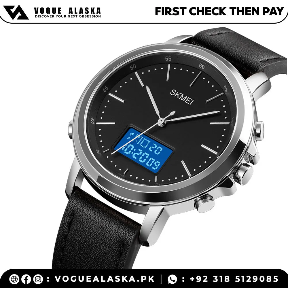 SKMEI 1652 Leather Straps Analog & Digital Wrist Watch For Men