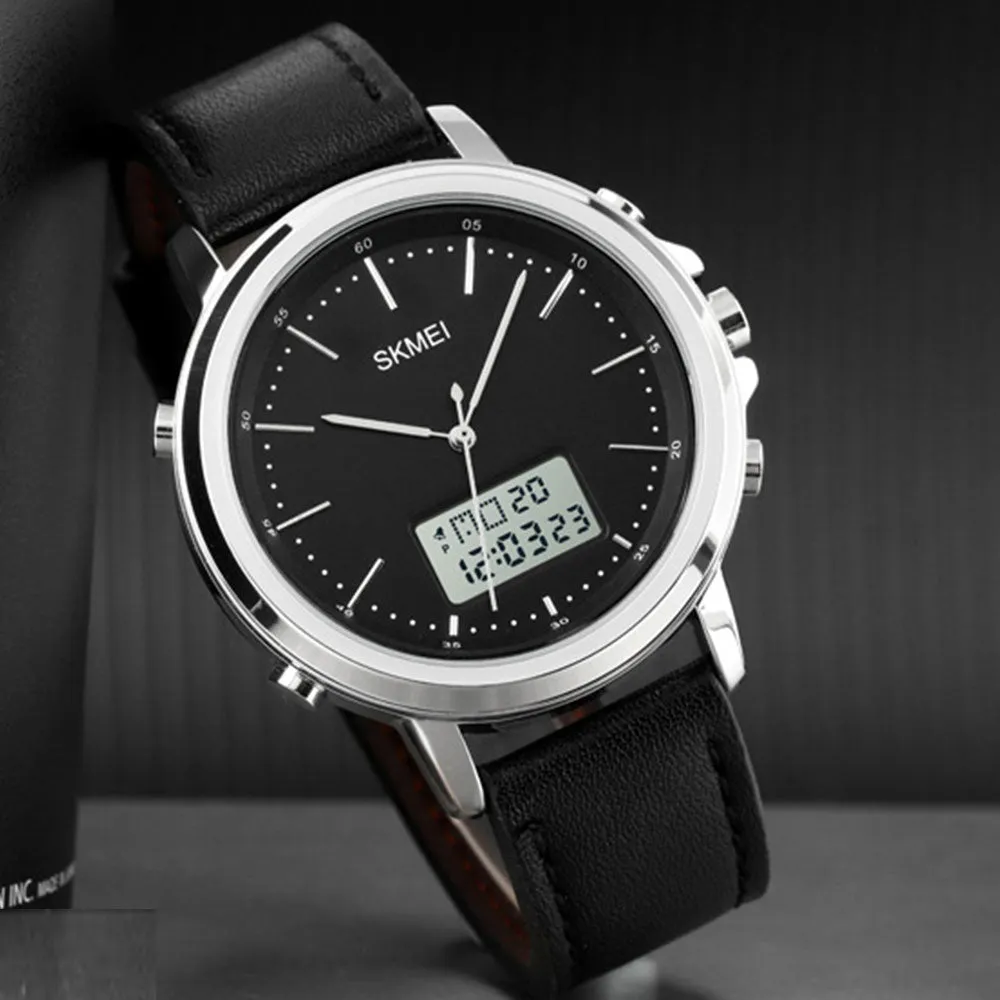 SKMEI 1652 Leather Straps Analog & Digital Wrist Watch For Men