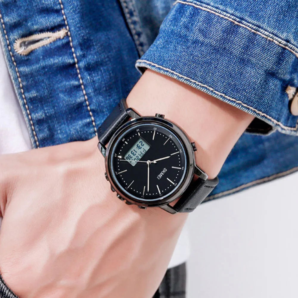 SKMEI 1652 Leather Straps Analog & Digital Wrist Watch For Men