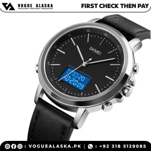 SKMEI 1652 Leather Straps Analog & Digital Wrist Watch For Men