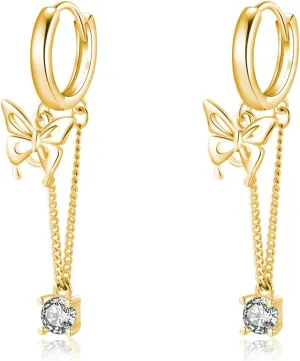SLUYNZ Sterling Silver Butterfly Drop Dangle Small Hoop Earrings Chain for Women Teens CZ Butterfly Hoop Earrings Huggie
