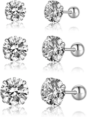 SLUYNZ Sterling Silver Round Simulated Diamond Stud Earrings for Women Teens Round CZ Stud Earrings Set Screw Back Small CZ Ear Stud Set 3 Pairs