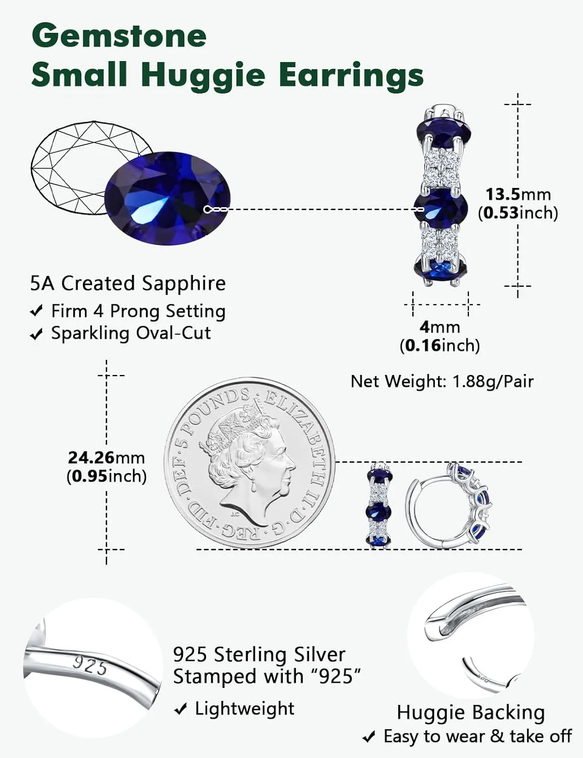 Small Hoop Earrings for Women Hypoallergenic 925 Sterling Silver 13.5mm Thick Huggie Earrings Hoops Created Gemstone Diamond Birthstone Wedding Earrings