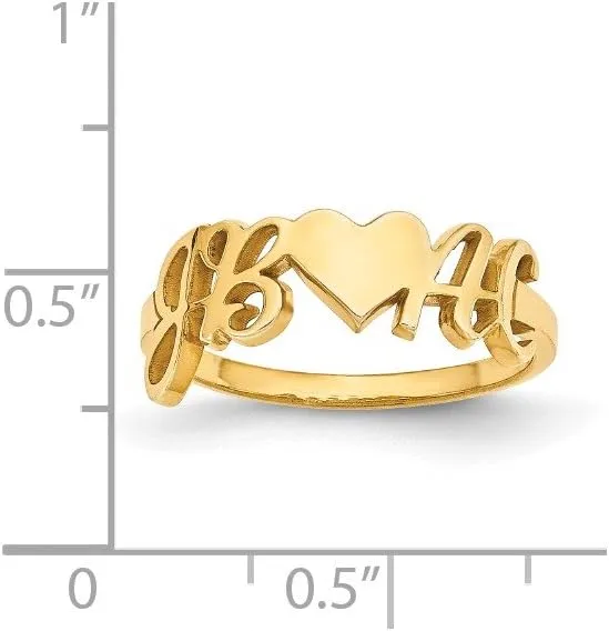 Solid 14k Yellow Gold Laser Couple's Initials Letters And Heart Ring Band