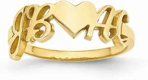 Solid 14k Yellow Gold Laser Couple's Initials Letters And Heart Ring Band