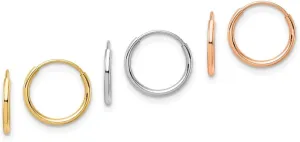 Solid Real 14k Gold Tri Color 3-pair Hoop Earrings Set