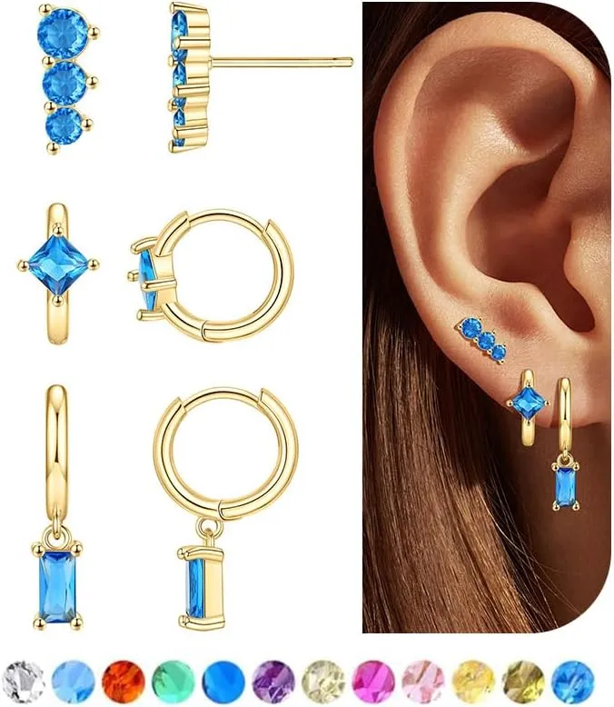 SONNYX Dainty Gold Hoop Earrings Sets for Multiple Piercings Stackable Small 14K Gold Hypoallergenic Cartilage Stud Earring Non Tarnish Trendy Birthstone Earring Stacks for Women Birthday