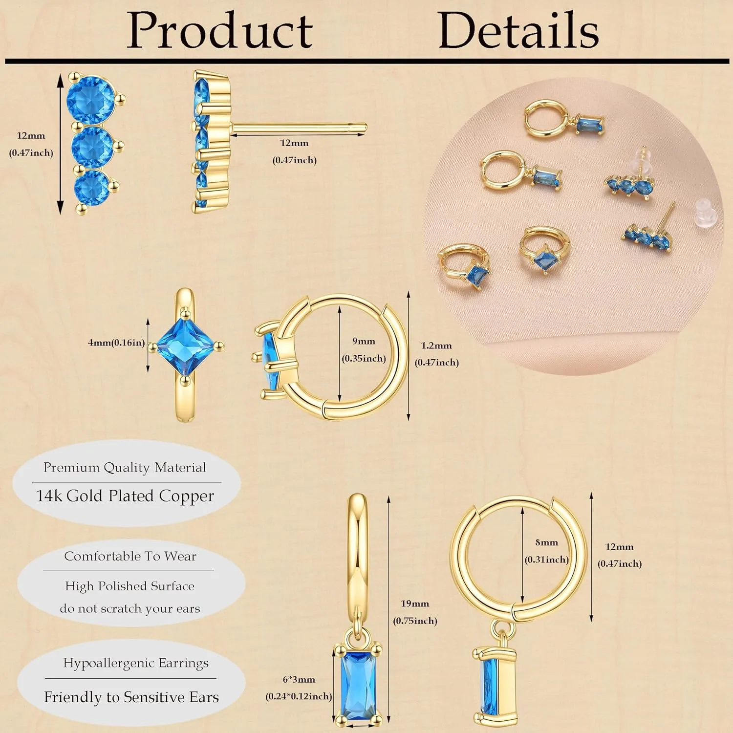 SONNYX Dainty Gold Hoop Earrings Sets for Multiple Piercings Stackable Small 14K Gold Hypoallergenic Cartilage Stud Earring Non Tarnish Trendy Birthstone Earring Stacks for Women Birthday
