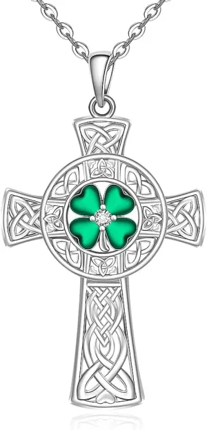 St Patricks Day Necklace Shamrock Necklace Celtic Cross Four Leaf Clover Necklaces for Women Sterling Silver Irish Shamrock Pendant Green 4 Leaf Clover Jewelry Lucky Gifts