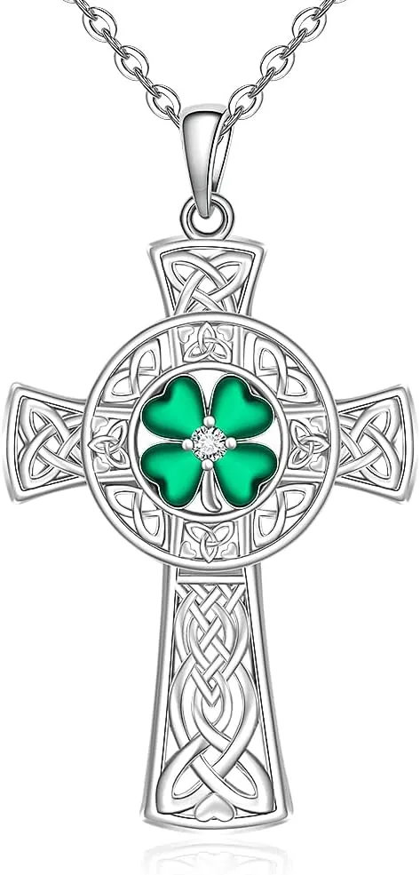 St Patricks Day Necklace Shamrock Necklace Celtic Cross Four Leaf Clover Necklaces for Women Sterling Silver Irish Shamrock Pendant Green 4 Leaf Clover Jewelry Lucky Gifts