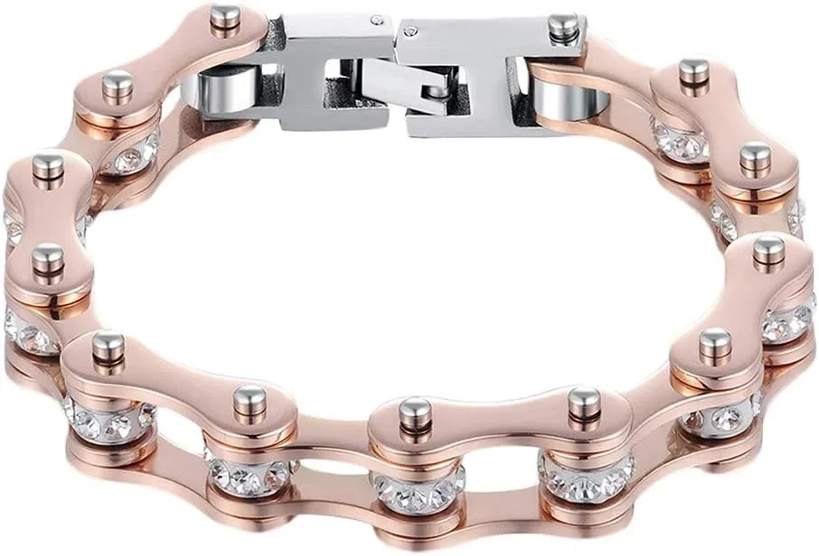 Stainless Steel Motorcycle Bike Biker Link Chain Crystal Rhinestones Bracelets for Women Men (Rose Gold)