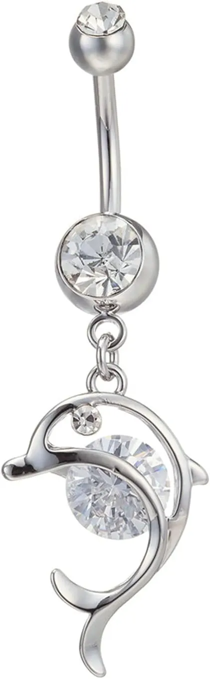 Stainless Steel Navel Rings for Women, CZ Navel Rings for Women Dolphin Silver Navel Rings