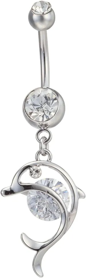 Stainless Steel Navel Rings for Women, CZ Navel Rings for Women Dolphin Silver Navel Rings