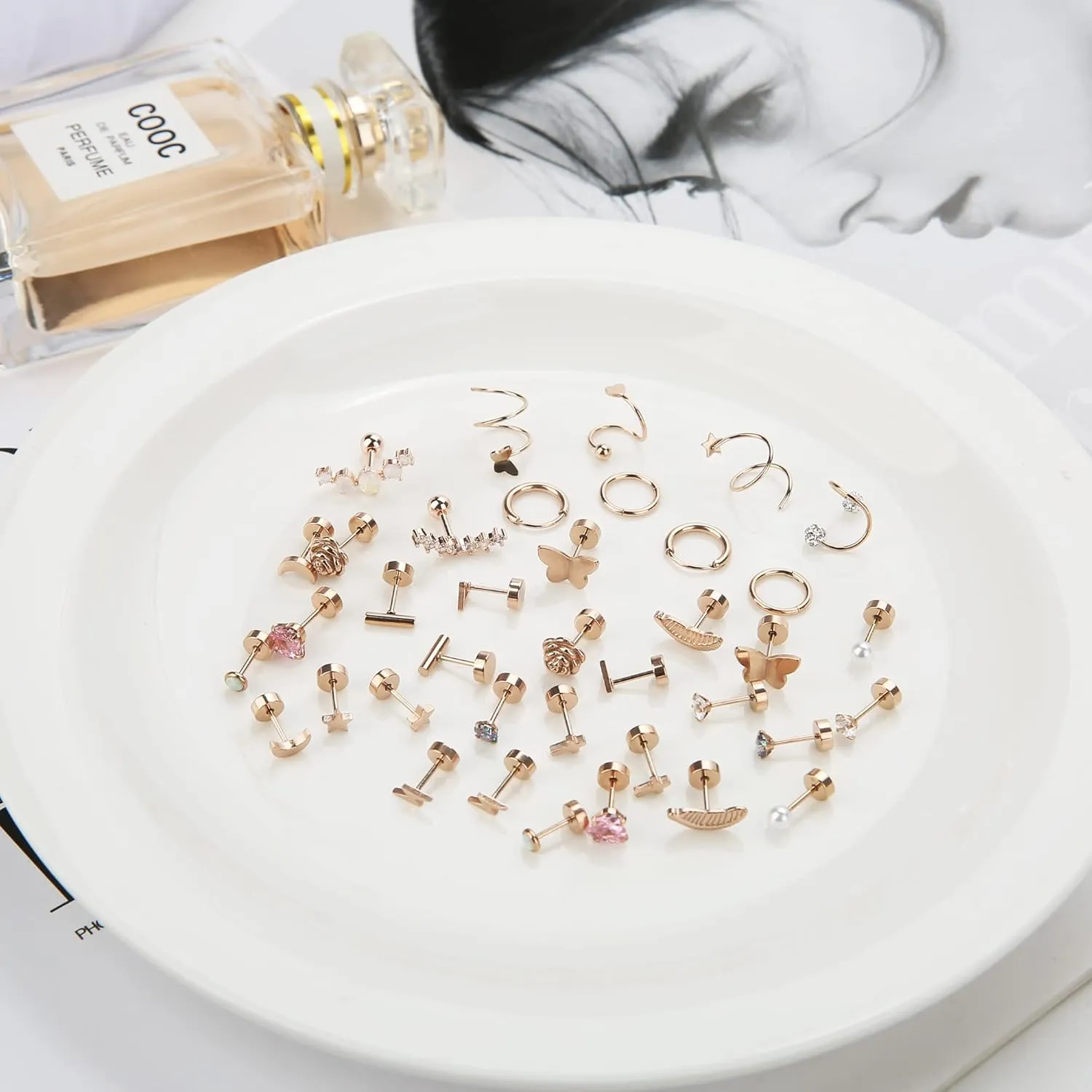 Staligue Surgical Steel Flat Back Earrings Set for Women Men Hypoallergenic 20G Stainless Steel Stud and Hoops Earrings for Sensitive Ears Small Cz Heart Star Moon Opal Cartilage Earrings