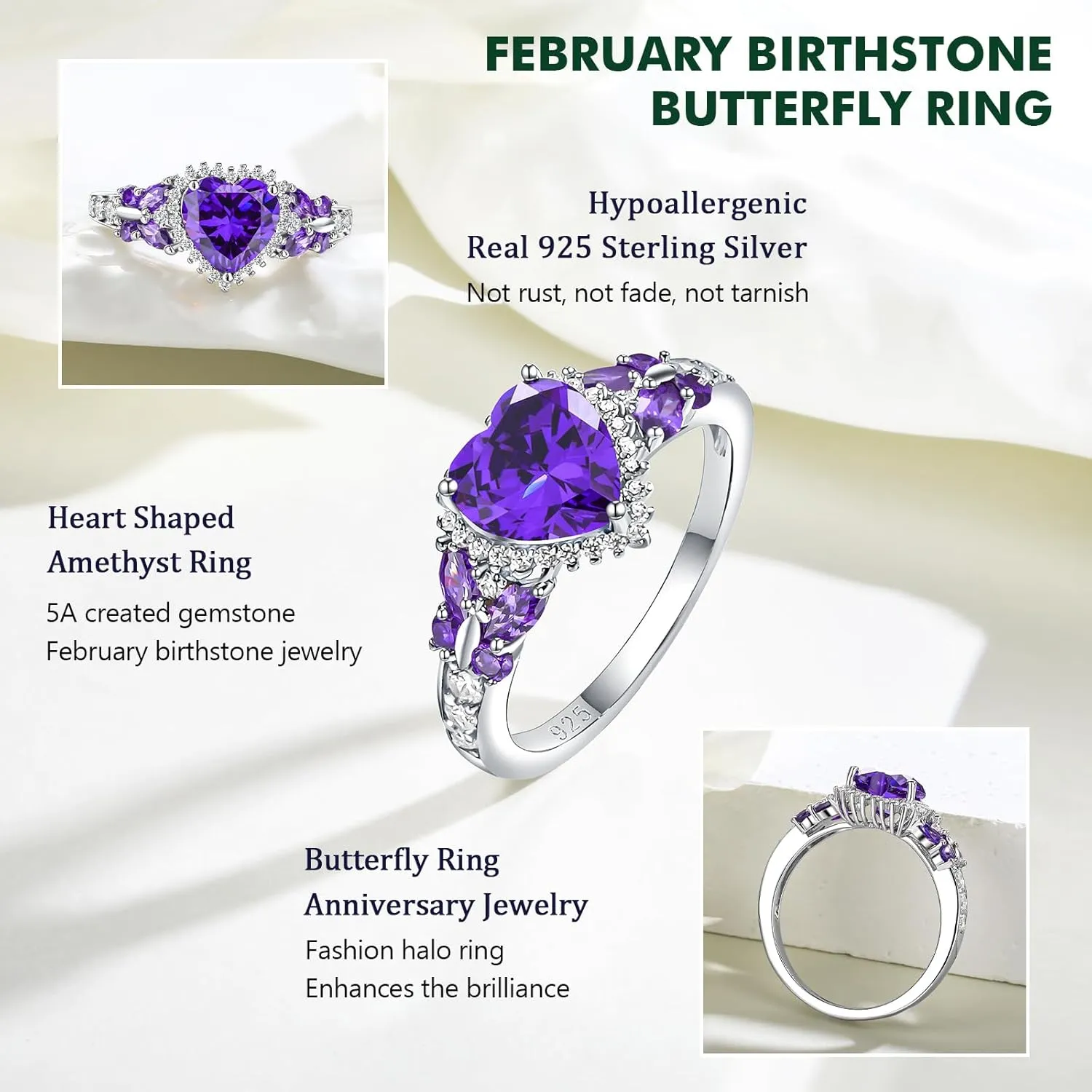 Sterling Silver Butterfly Birthstone Rings for Women, 3 Carat Created Gemstone Diamond Heart/Pear Engagement Halo Ring, Promise Rings for Her, Wedding Anniversary Jewerly Size 6 to 10