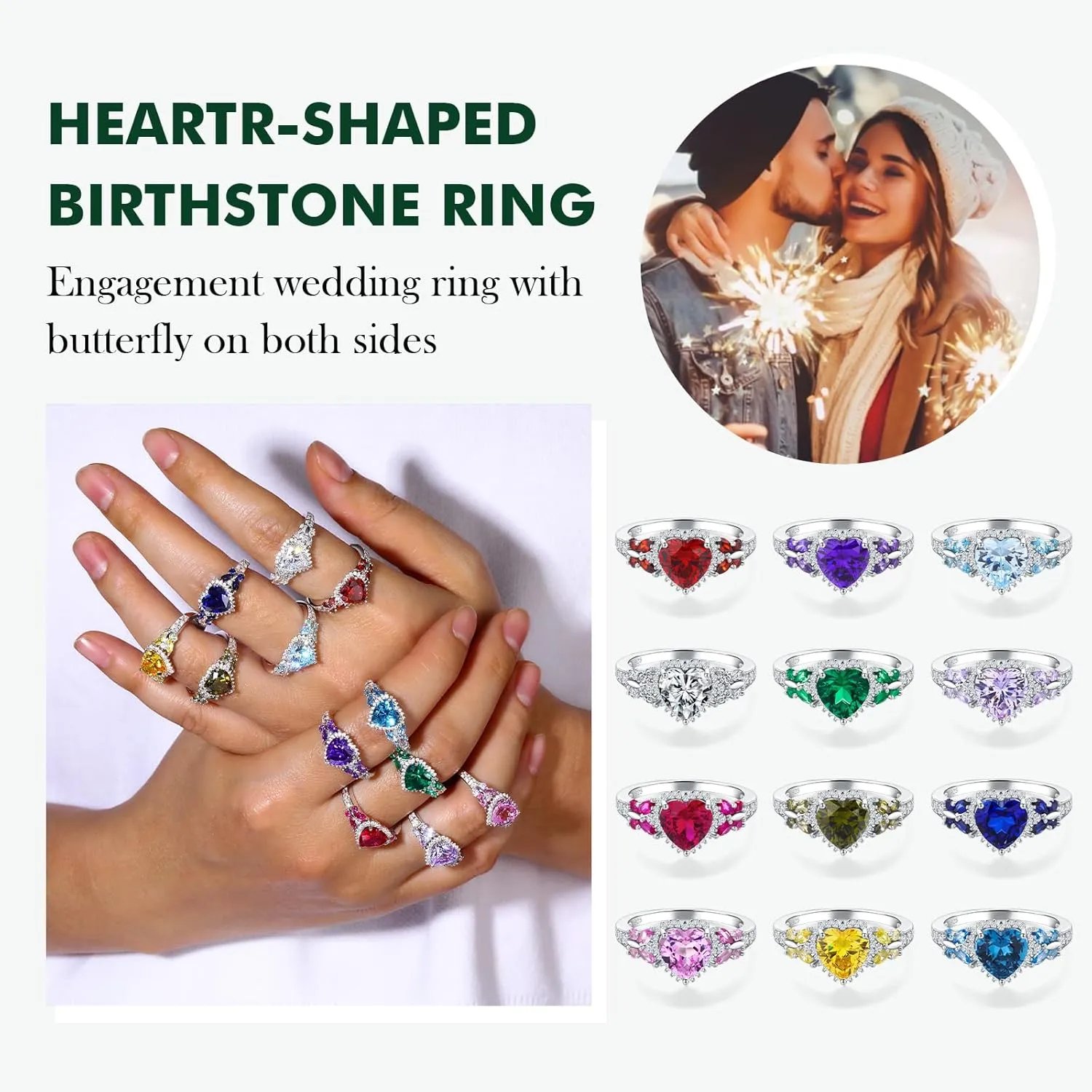 Sterling Silver Butterfly Birthstone Rings for Women, 3 Carat Created Gemstone Diamond Heart/Pear Engagement Halo Ring, Promise Rings for Her, Wedding Anniversary Jewerly Size 6 to 10