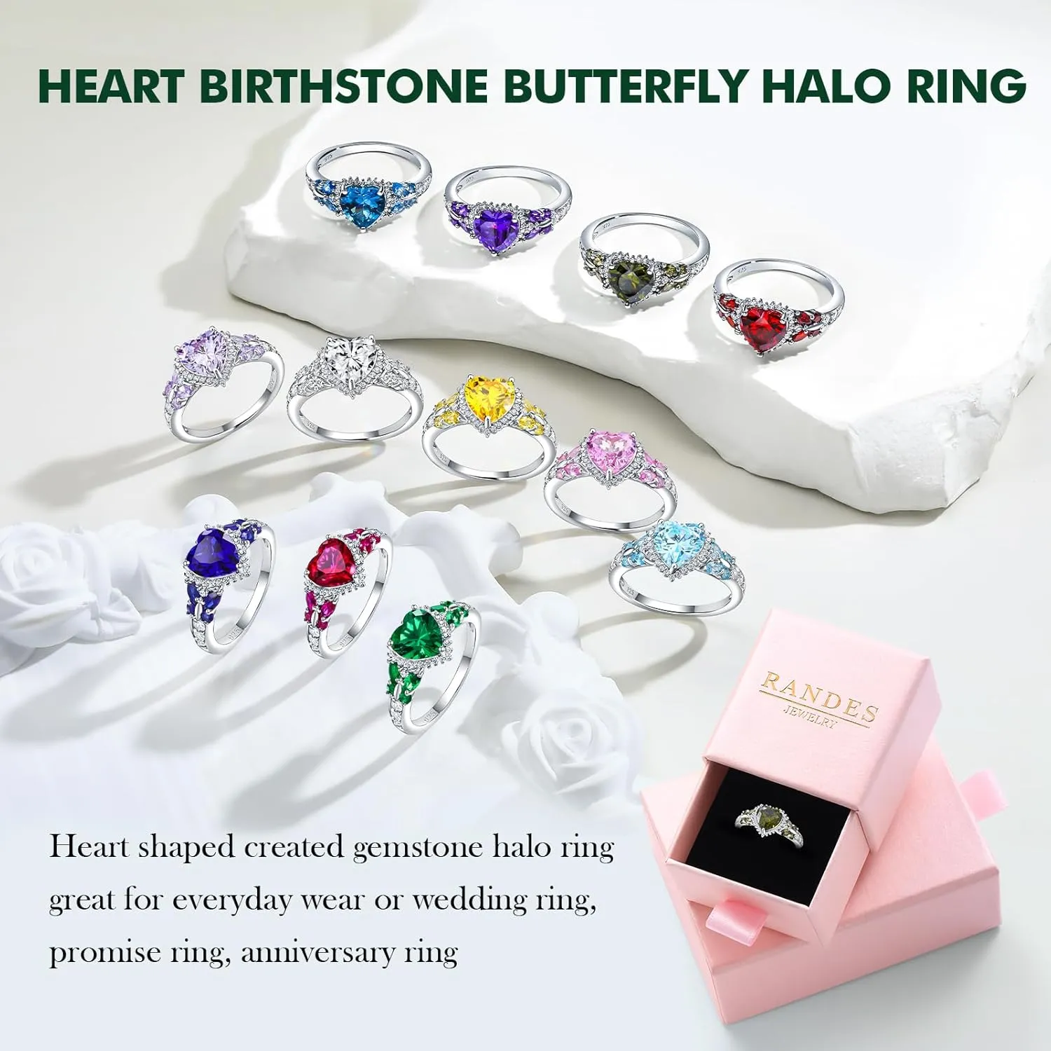 Sterling Silver Butterfly Birthstone Rings for Women, 3 Carat Created Gemstone Diamond Heart/Pear Engagement Halo Ring, Promise Rings for Her, Wedding Anniversary Jewerly Size 6 to 10