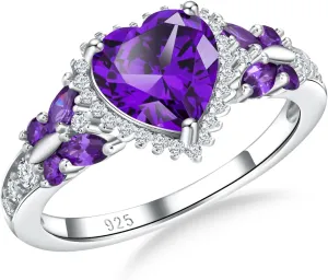 Sterling Silver Butterfly Birthstone Rings for Women, 3 Carat Created Gemstone Diamond Heart/Pear Engagement Halo Ring, Promise Rings for Her, Wedding Anniversary Jewerly Size 6 to 10