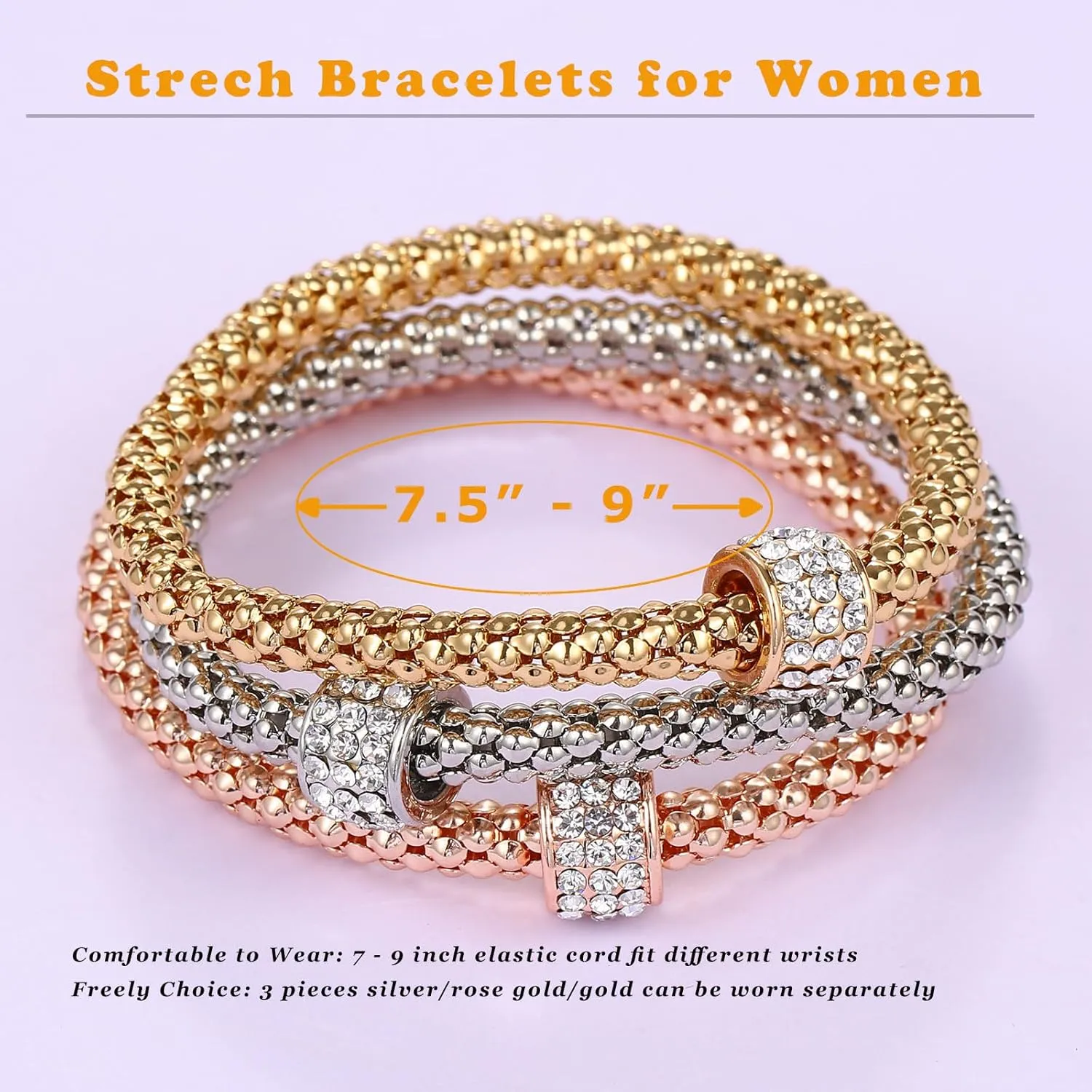 Stretch Bracelets for Women Gold/Silver/Rose Gold Elastic Bracelet Set for Women 3 PCS Stackable Bracelets Elastic Multilayer Charm Bracelet Mothers Day Gifts for Women