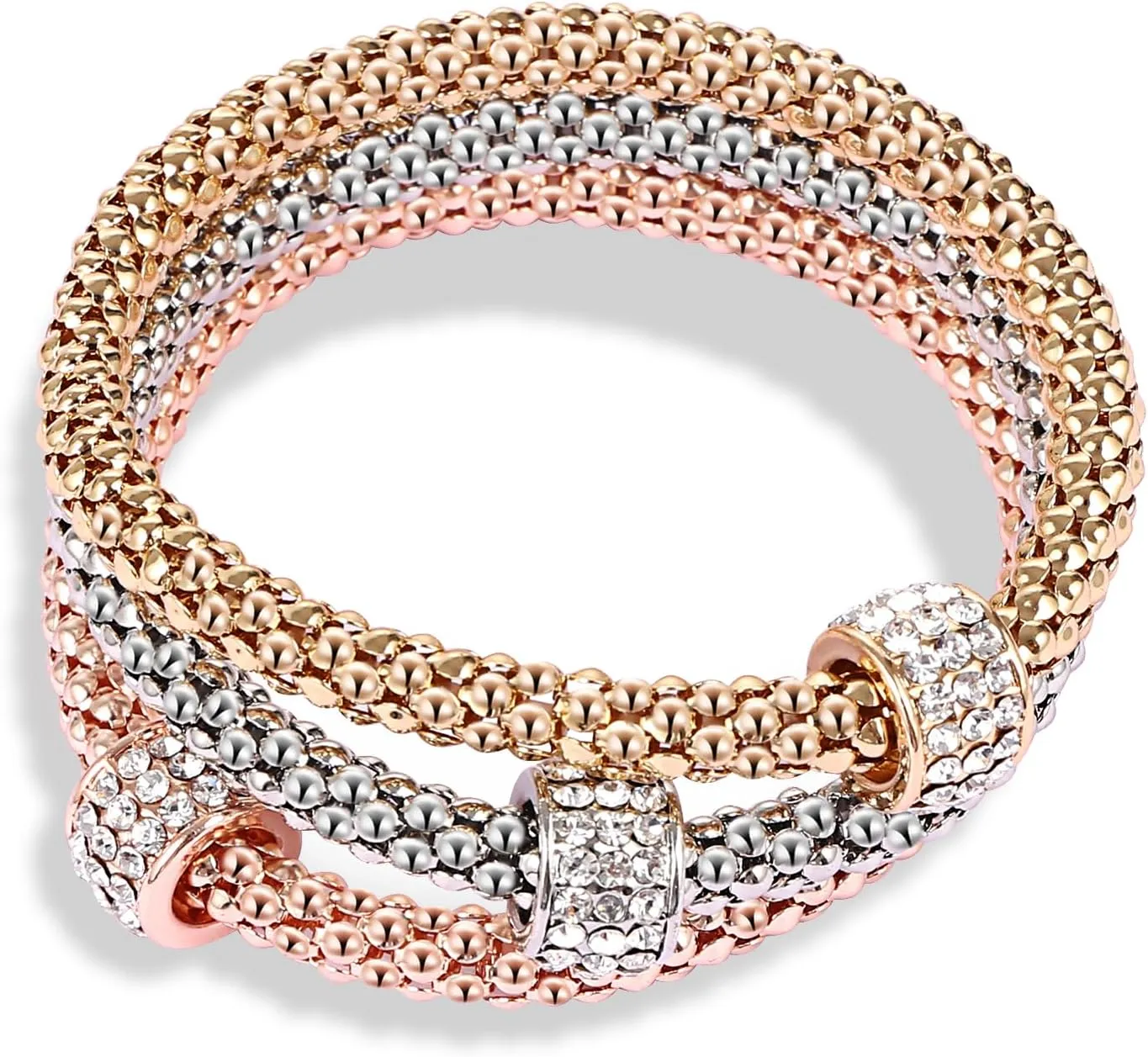 Stretch Bracelets for Women Gold/Silver/Rose Gold Elastic Bracelet Set for Women 3 PCS Stackable Bracelets Elastic Multilayer Charm Bracelet Mothers Day Gifts for Women