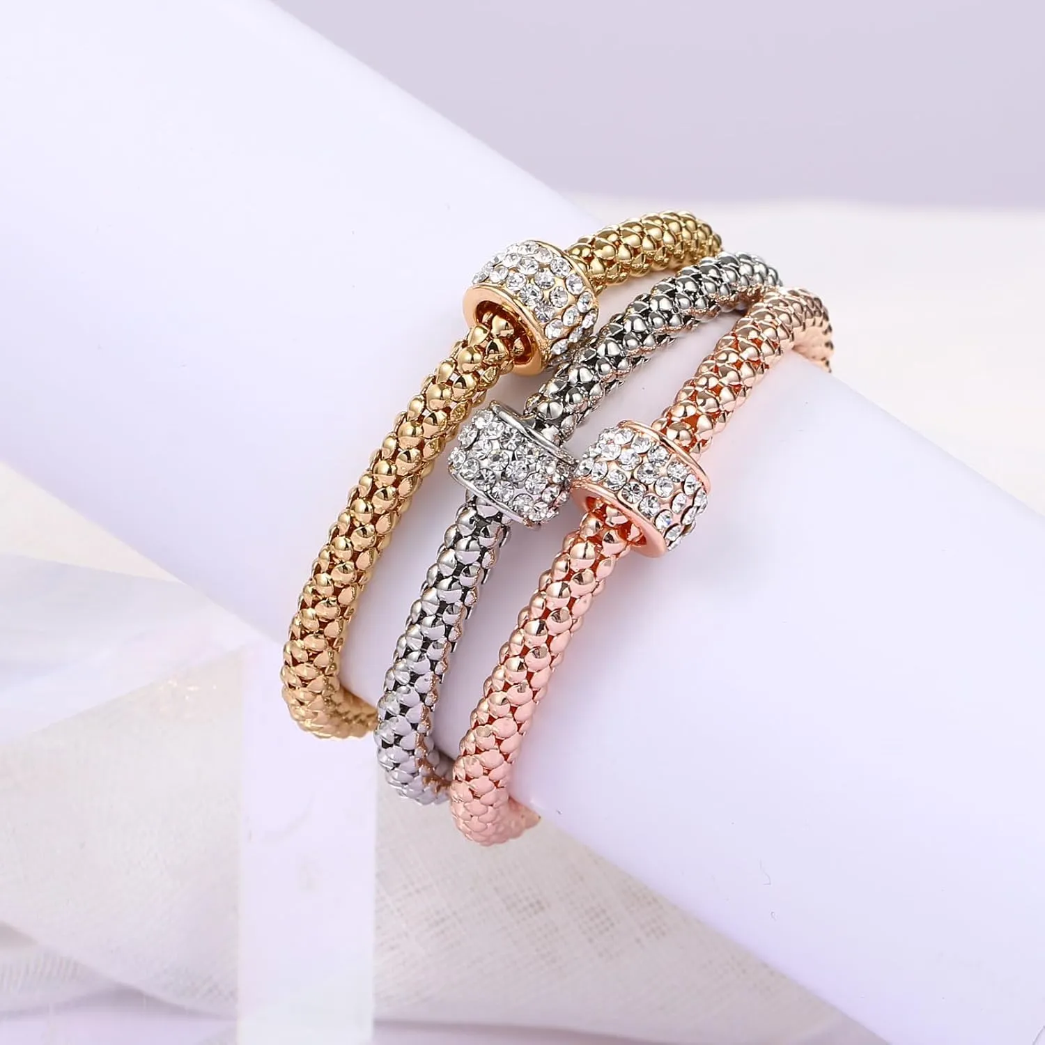 Stretch Bracelets for Women Gold/Silver/Rose Gold Elastic Bracelet Set for Women 3 PCS Stackable Bracelets Elastic Multilayer Charm Bracelet Mothers Day Gifts for Women
