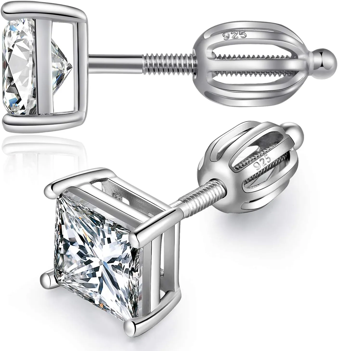 Stud Earrings with Screw Back, 925 Sterling Silver Cubic Zirconia Round Cut/Square Cut Stud Earrings for Women and Men, Long & Thick Post, 4MM-8MM
