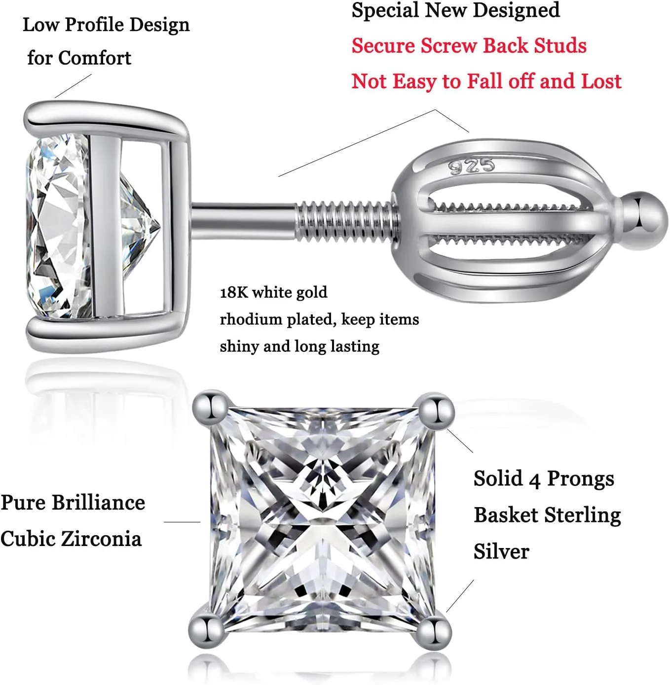 Stud Earrings with Screw Back, 925 Sterling Silver Cubic Zirconia Round Cut/Square Cut Stud Earrings for Women and Men, Long & Thick Post, 4MM-8MM