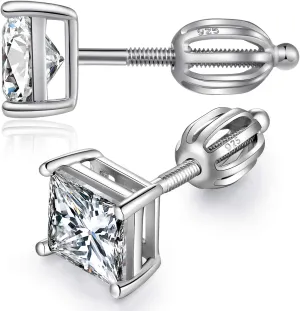 Stud Earrings with Screw Back, 925 Sterling Silver Cubic Zirconia Round Cut/Square Cut Stud Earrings for Women and Men, Long & Thick Post, 4MM-8MM