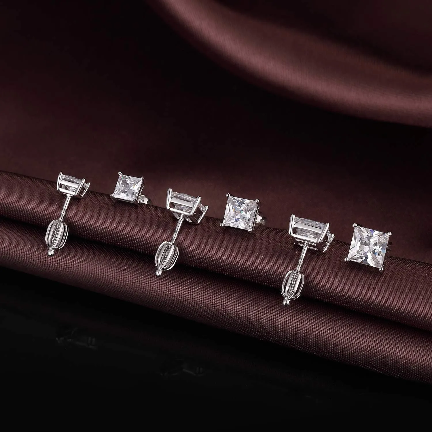 Stud Earrings with Screw Back, 925 Sterling Silver Cubic Zirconia Round Cut/Square Cut Stud Earrings for Women and Men, Long & Thick Post, 4MM-8MM
