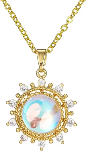 Sun Flower Crystal Pendant Necklace for Women Trendy, Imitation Moonstone Gemstone (Polar Lights Glass) Necklaces Jewelry Gift for Mom Sister Wife Girlfriend
