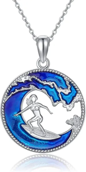 Surfer Necklace for Women/Men Sterling Silver Surfboard Necklace Ocean Wave Necklace Beach Jewelry for Women Men Teens Girls Boys