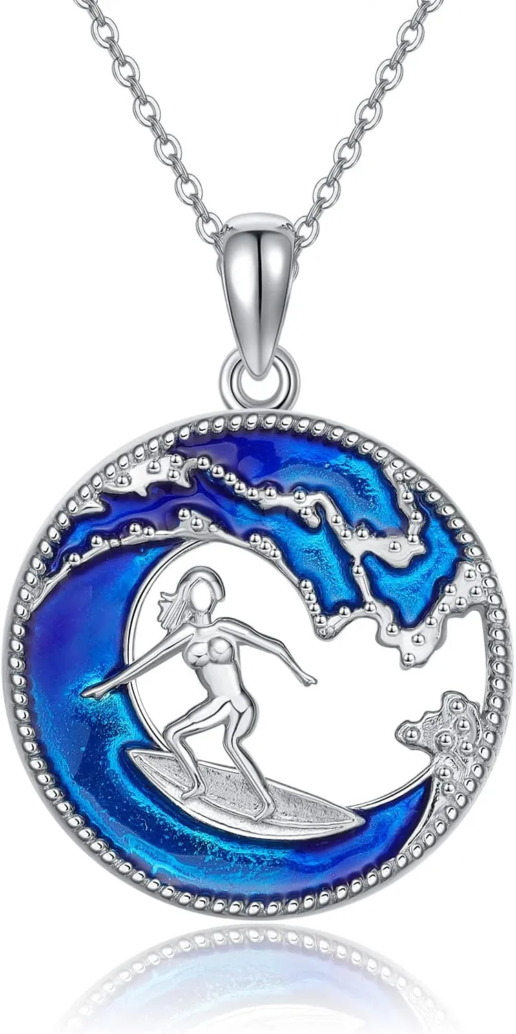 Surfer Necklace for Women/Men Sterling Silver Surfboard Necklace Ocean Wave Necklace Beach Jewelry for Women Men Teens Girls Boys