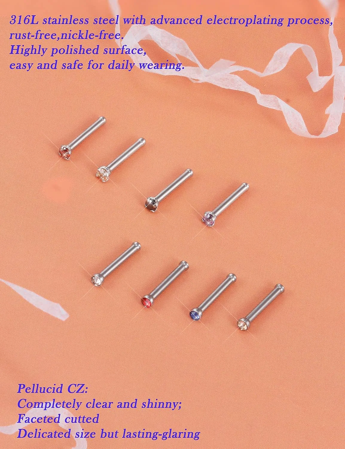 Surgical Steel Nose Ring Stud 18G 20G 22G L Shaped Screw Straight Nose Studs CZ Top 1.5mm 2mm 2.5mm 3mm 3.5mm 4mm Nose Piercings 18 Gauge 20 Gauge 22 Gauge Nose Rings Studs for Women Men