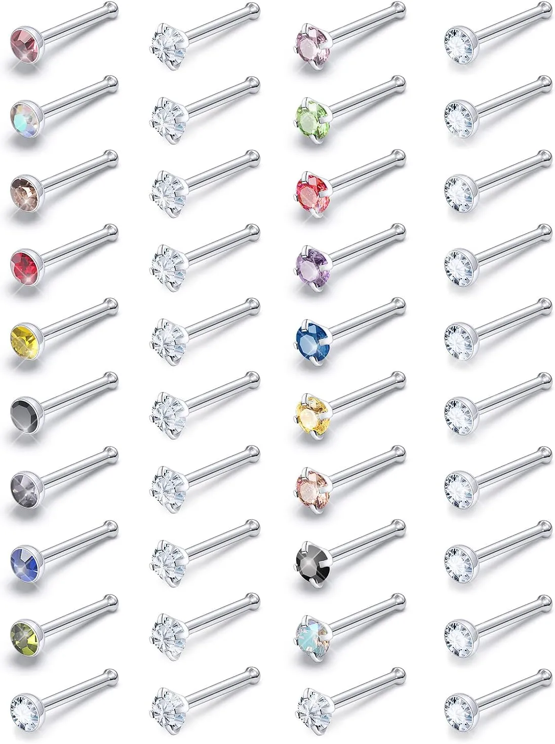 Surgical Steel Nose Ring Stud 18G 20G 22G L Shaped Screw Straight Nose Studs CZ Top 1.5mm 2mm 2.5mm 3mm 3.5mm 4mm Nose Piercings 18 Gauge 20 Gauge 22 Gauge Nose Rings Studs for Women Men