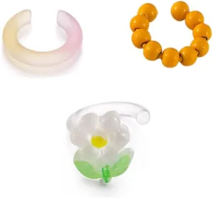 Sweet Flower Ear Cuffs Wrap Earrings for Women Acrylic Resin Colorful Bead Ball Cartilage Earring Fake Huggie Hoops Non Piercing Clip On Lovely Summer Ear Jewelry Gifts 3 PCS Set