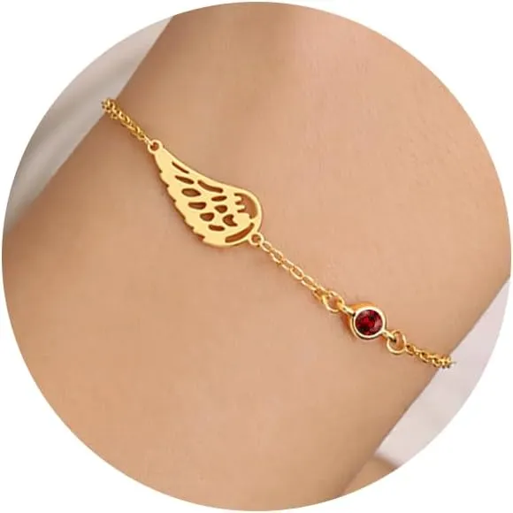 Sympathy Gifts for Loss of Loved One Birthstone Bracelets for Women 14K Gold Plated Angel Wing Memory Bracelet Sorry for Your Loss Gifts Memorial Protection Remembrance Birthday Jewelry