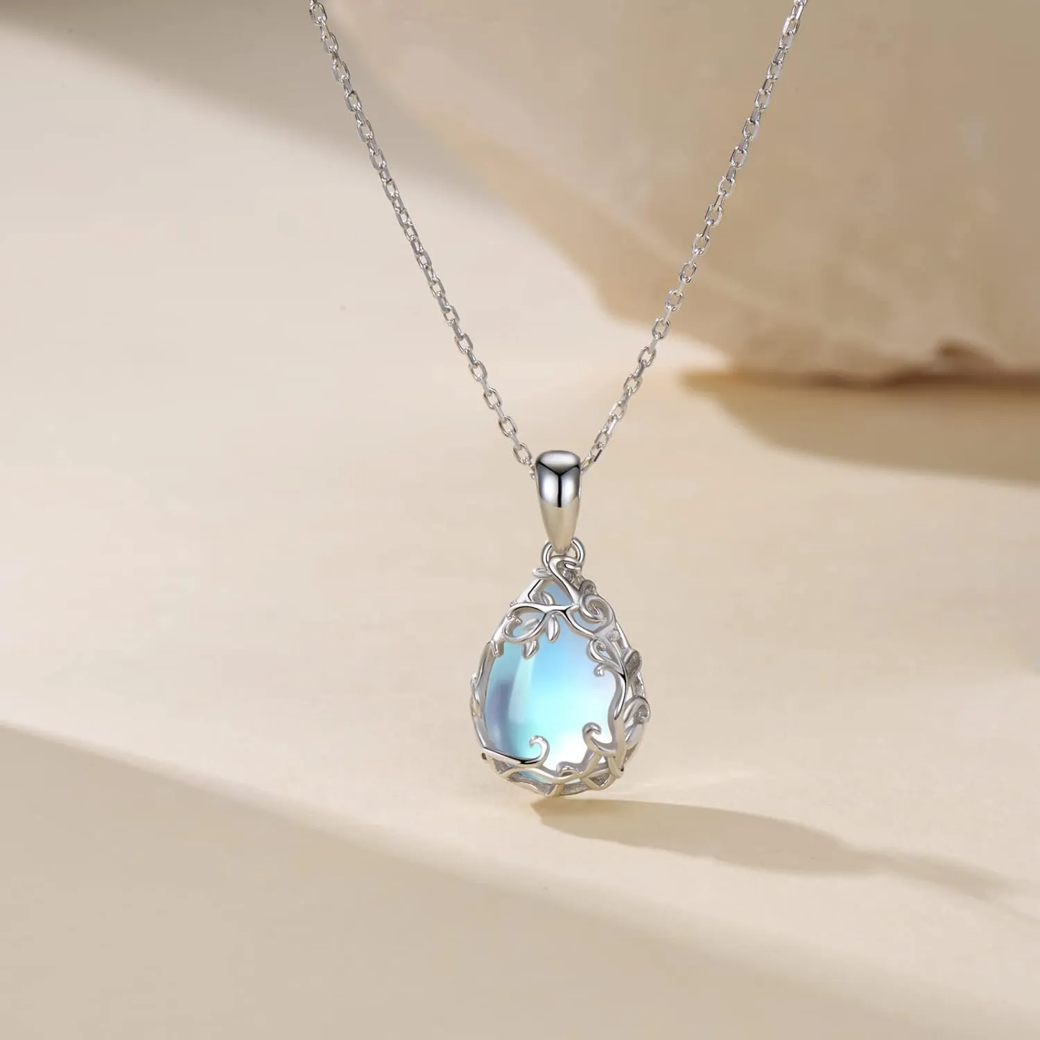 Teardrop Moonstone Necklace for Women 925 Sterling Silver Created Water-Shaped Moonstone Cage Filigree Necklaces Anniversary Birthday Jewelry Gift for Women