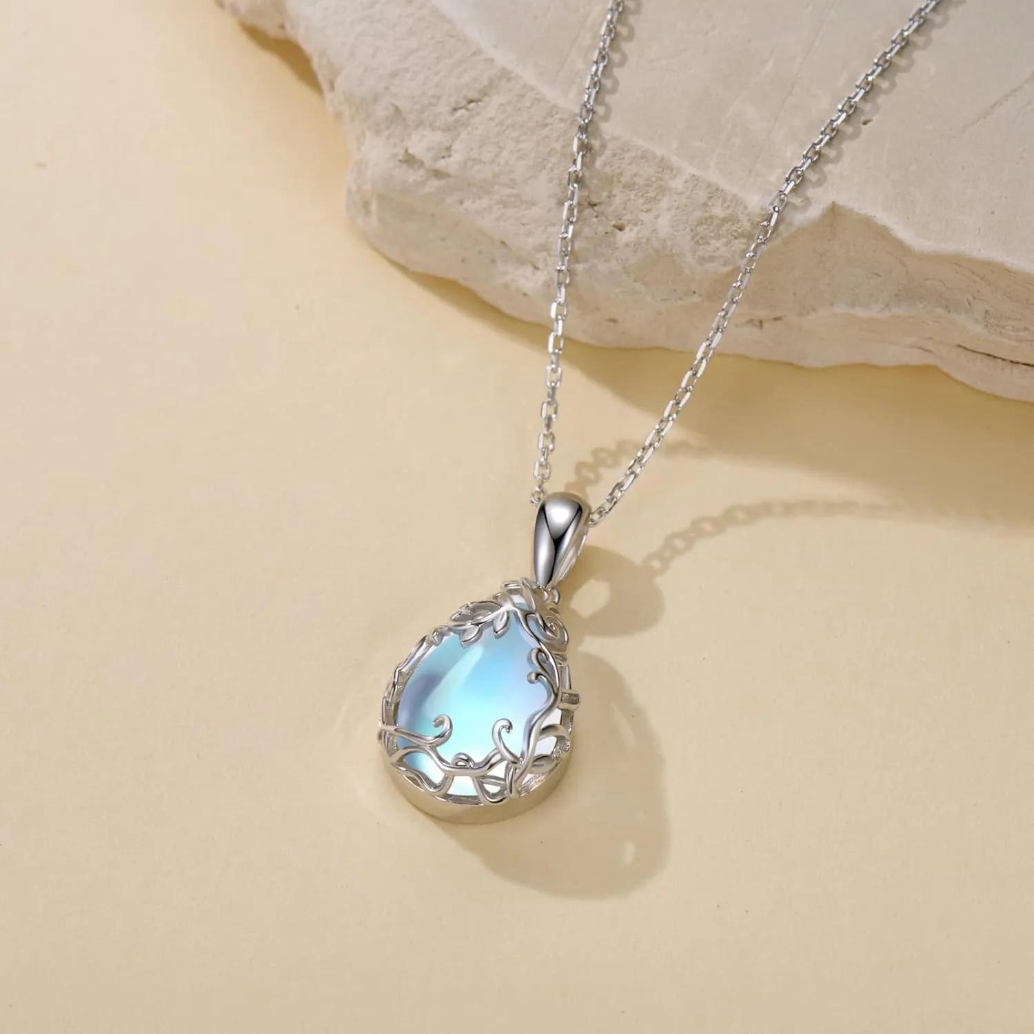 Teardrop Moonstone Necklace for Women 925 Sterling Silver Created Water-Shaped Moonstone Cage Filigree Necklaces Anniversary Birthday Jewelry Gift for Women