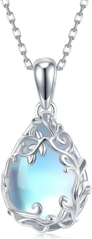 Teardrop Moonstone Necklace for Women 925 Sterling Silver Created Water-Shaped Moonstone Cage Filigree Necklaces Anniversary Birthday Jewelry Gift for Women