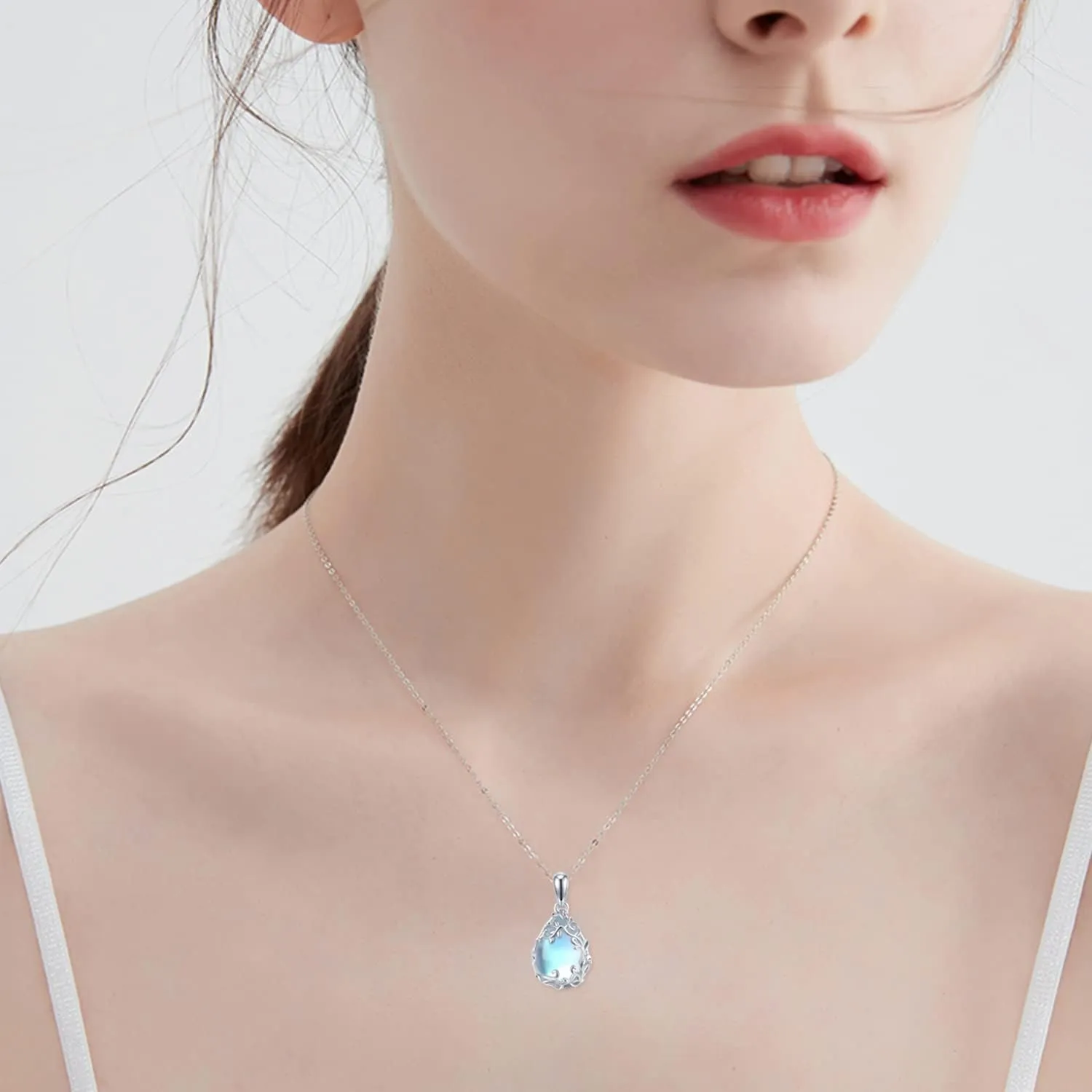 Teardrop Moonstone Necklace for Women 925 Sterling Silver Created Water-Shaped Moonstone Cage Filigree Necklaces Anniversary Birthday Jewelry Gift for Women