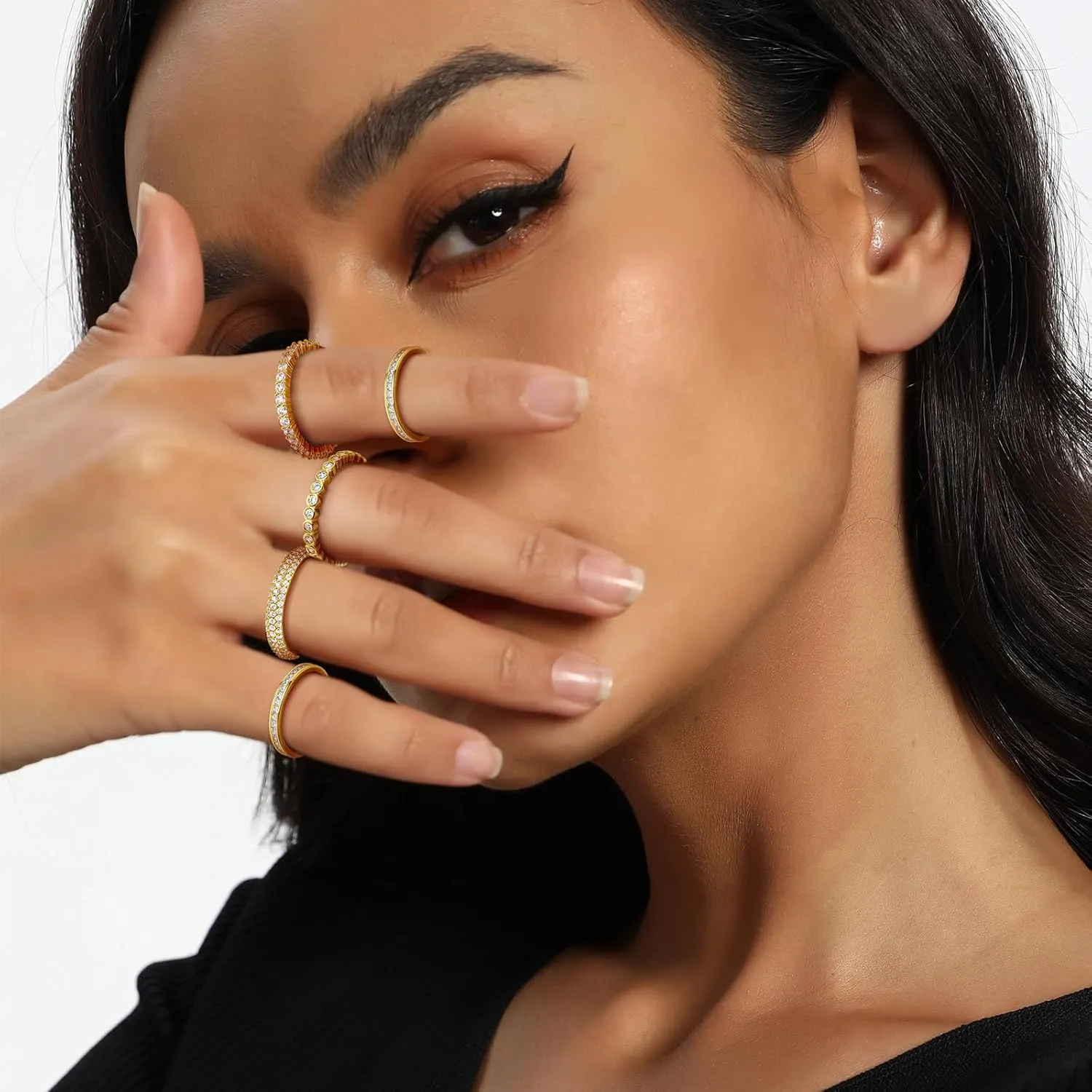 TIKJE 5 Rings Set For Women, 18k Yellow/White Gold/Rose Gold/Black Plated Rings - Cubic Zirconias Band Ring, Eternity Promise Ring For Her Engagement Ring Wedding Band Size 5-12