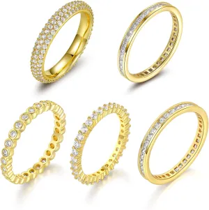 TIKJE 5 Rings Set For Women, 18k Yellow/White Gold/Rose Gold/Black Plated Rings - Cubic Zirconias Band Ring, Eternity Promise Ring For Her Engagement Ring Wedding Band Size 5-12
